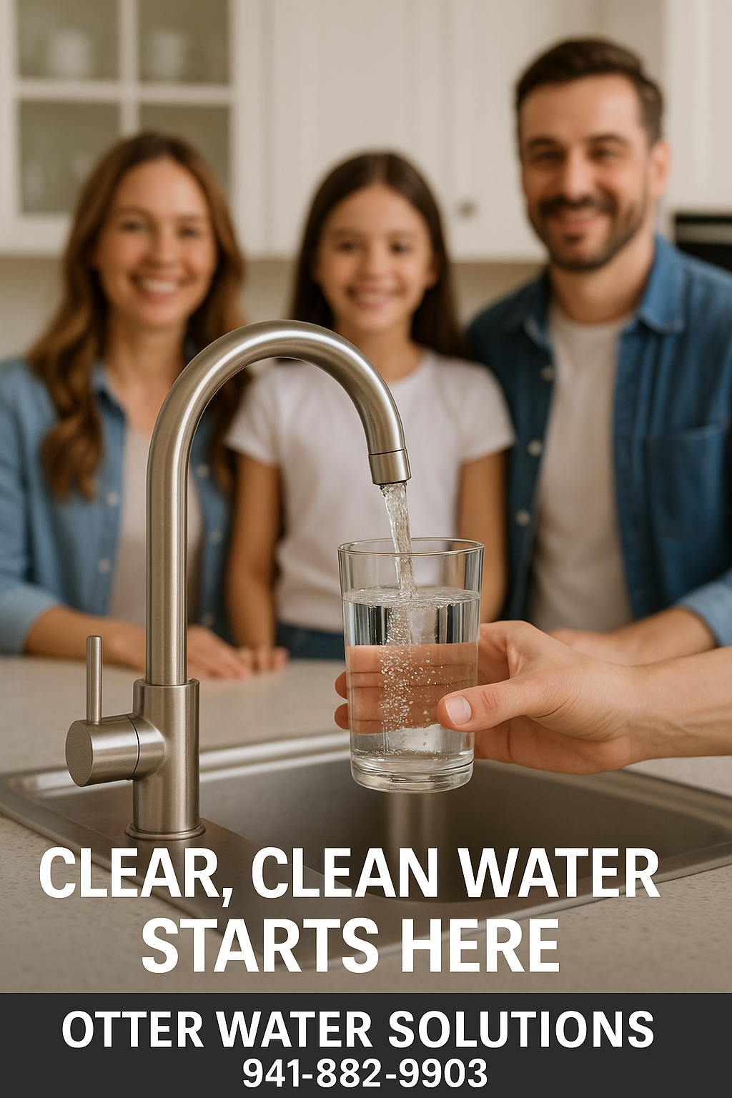 family filling clean glass of water